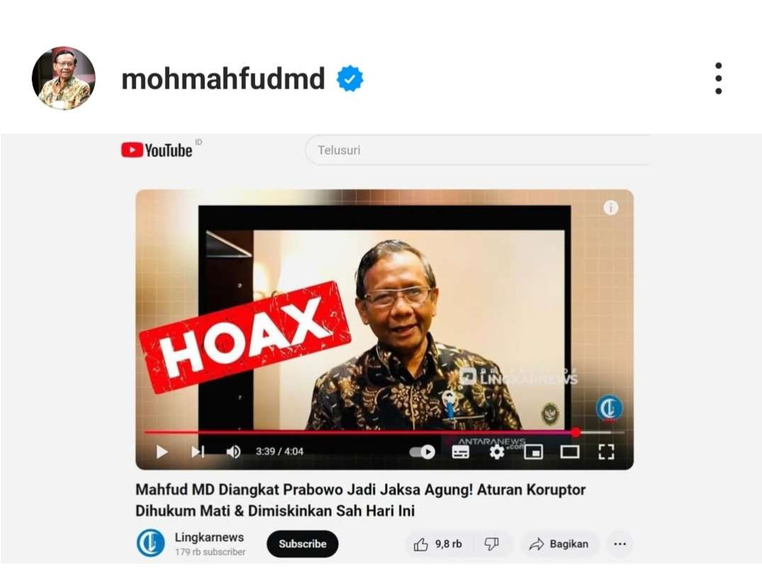 Berita Mahfud MD dilantik sebagai Jaksa Agung. (Foto; Instagram)