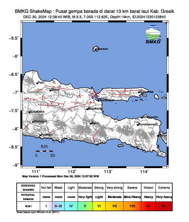 Gempa bumi dengan magnitudo 3,3 guncang wilayah Kabupaten Gresik, Jawa Timur, pada Senin, 30 Desember 2024 pukul 12.38 WIB. (Foto: BMKG)