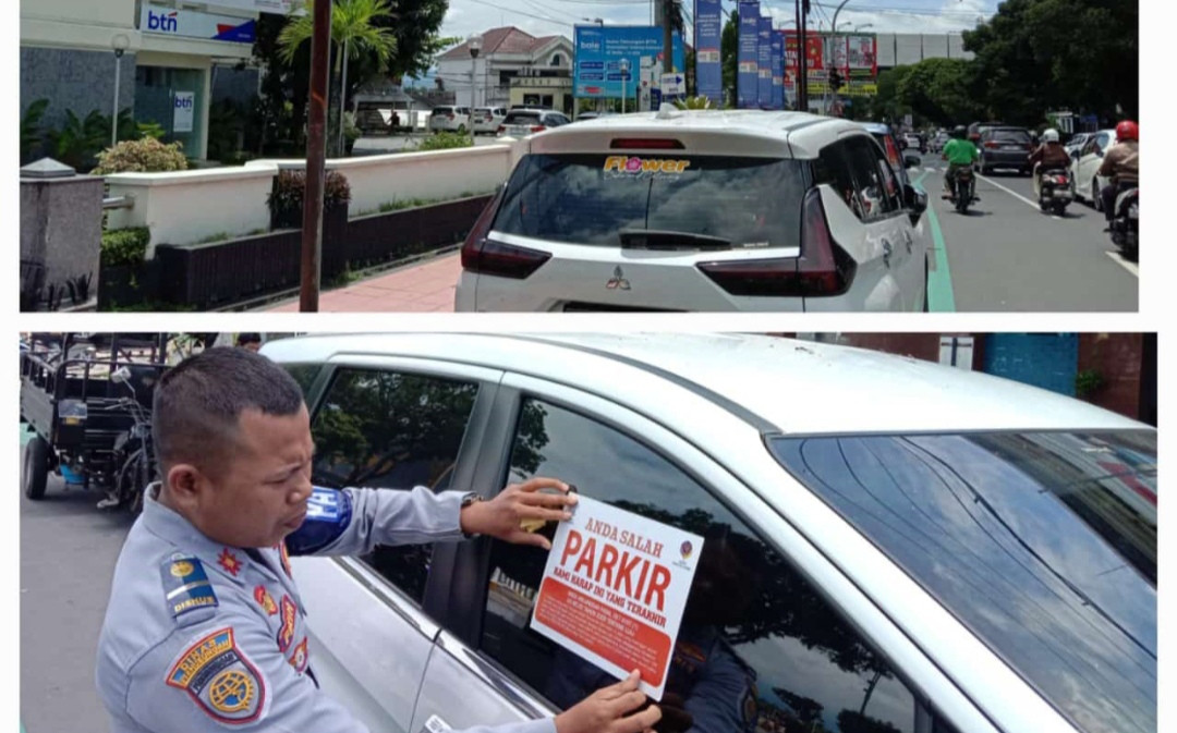 Petugas Dishub Jember menempel stiker pada mobil yang diparkir di lokasi yang salah (Foto: Dok Dishub Jember)