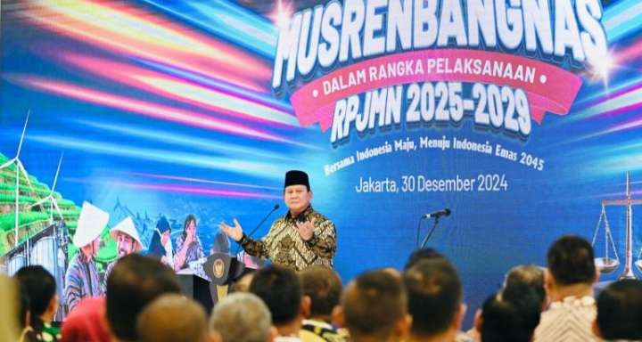 Presiden Prabowo memberi arahan pada Musyawarah Perencanaan Pembangunan Nasional (Musrenbangnas) RPJMN 2025-2029 di Kantor Kementerian Perencanaan Pembangunan Nasional/Bappenas. (Foto: Setpres)