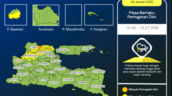 BMKG Juanda mengeluarkan peringatan dini cuaca ekstrem untuk sebagian wilayah Tuban, Kamis 2 Januari 2025, hingga pukul 13.27 WIB hari ini. (Foto: X BMKG Juanda)