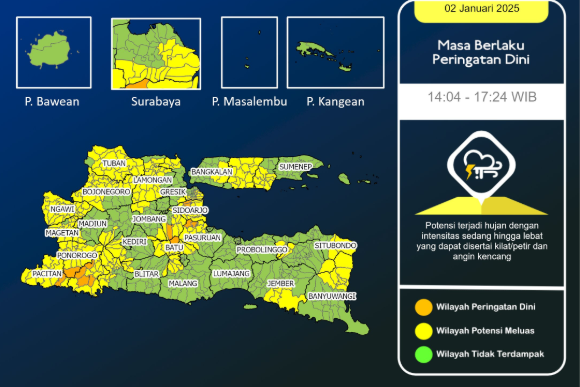 BMKG Juanda memperbarui peringatan dini cuaca ekstrem untuk sebagian wilayah di Jawa Timur, Kamis 2 Januari 2025. (Foto: BMKG Juanda)