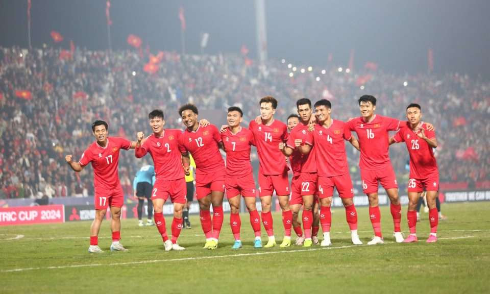 Pemain Vietnam merayakan gol ke gawang Singapura pada babak semifinal Piala AFF 2024. (Foto: VFF)