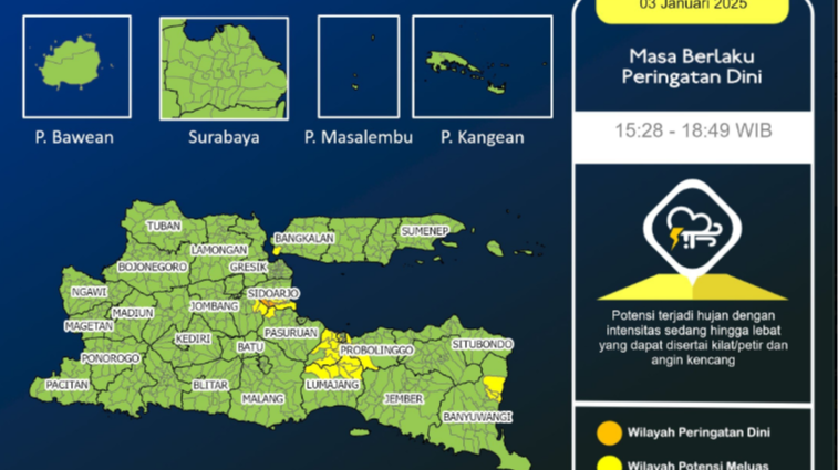 BMKG Juanda mengeluarkan peringatan dini cuaca ekstrem untuk sebagian wilayah di Sidoarjo, pada Jumat 3 Januari 2025 hari ini. (Foto: BMKG Juanda)