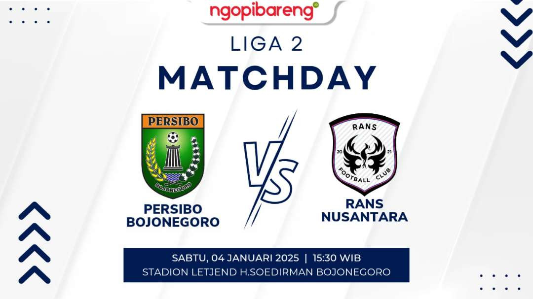 Persibo Bojonegoro vs RANS Nusantara Laga ke-13 Liga 2 Pegadaian di Stadion Letjen Soedirman pada Sabtu 4 Januari 2024. (Grafis: Candra/Ngopibareng.id)