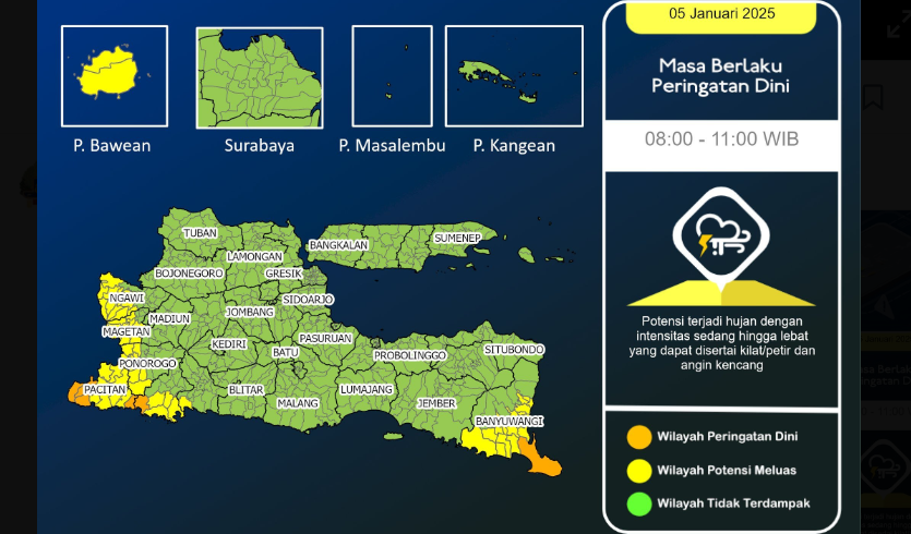 BMKG Juanda mengeluarkan peringatan dini cuaca ekstrem untuk sejumlah wilayah di Jawa Timur, Minggu 5 Januari 2025 hari ini. (Foto: X BMKG Juanda)