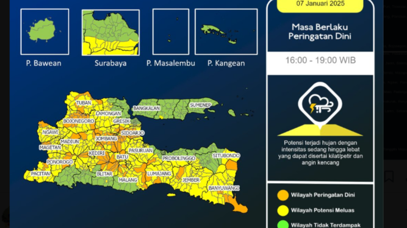 BMKG Juanda mengeluarkan peringatan dini cuaca ekstrem untuk sejumlah wilayah, pada Selasa 7 Januari 2025 hari ini di antaranya untuk Malang dan Banyuwangi. (Foto: BMKG Juanda)