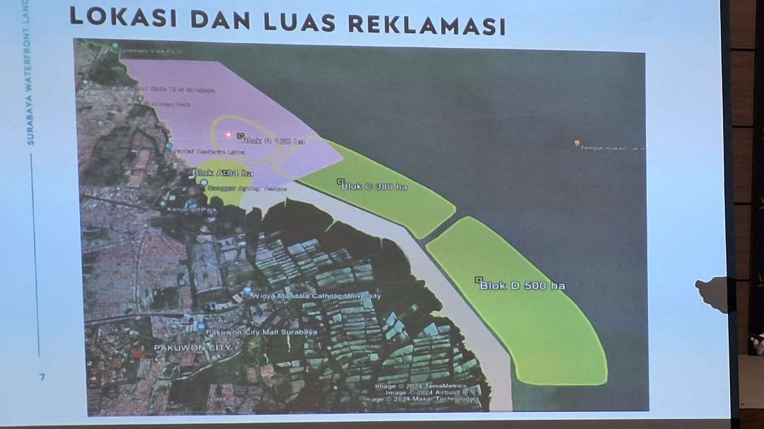 Peta proyeksi lokasi dan luas proyek strategis nasional (PSN) reklamasi Surabaya Waterfront Land yang dikelola oleh PT. Granting Jaya. (Foto: Julianus Palermo/Ngopibareng.id)