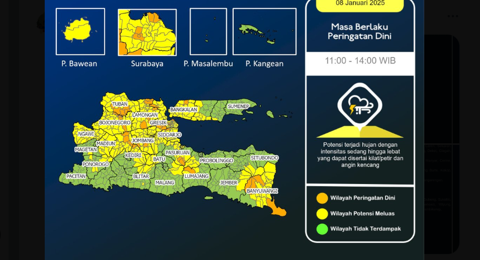 BMKG Juanda mengeluarkan peringatan dini untuk sejumlah wilayah di Jawa Timur, hingga pukul 14.00 WIB, Rabu 8 Januari 2025, hari ini. (Foto: X BMKG Juanda)