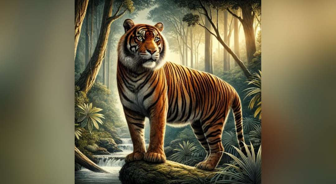 t ilustrasi Harimau Jawa, menunjukkan sosoknya yang besar dan megah di tengah hutan tropis yang lebat. (Ilustrasi: AI)