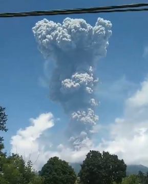 Gunung Ibu di Halmahera Barat, Maluku Utara, ke level tertinggi, yaitu Level IV atau "Awas," pada Rabu 15 Januari 2025. (Foto: @Infomitigasi)