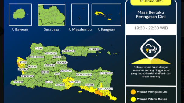 BMKG Juanda mengeluarkan peringatan dini cuaca ekstrem untuk sejumlah wilayah di Jawa Timur, Kamis 16 Januari 2025. (Ilustrasi: Ngopibareng.id)