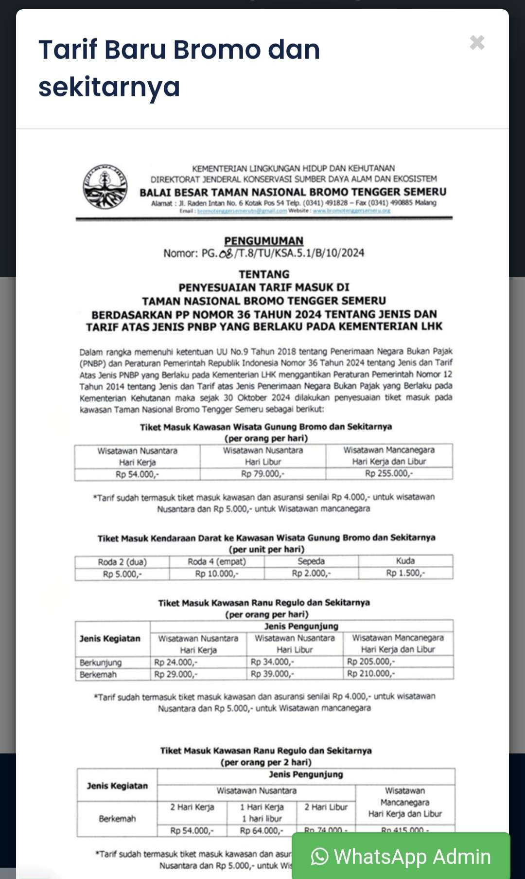Tarif wisata Bromo. (Foto: Tangkapan layar)