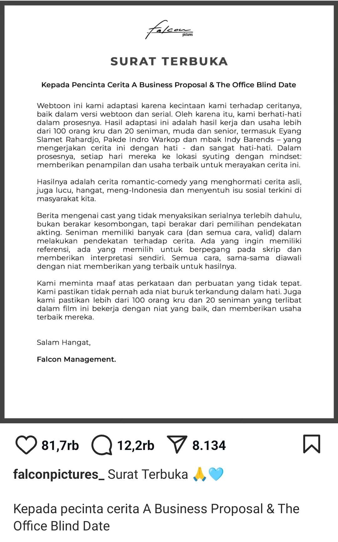 Permintaan maaf dari Falcon Pictures. (Foto: Instagram)