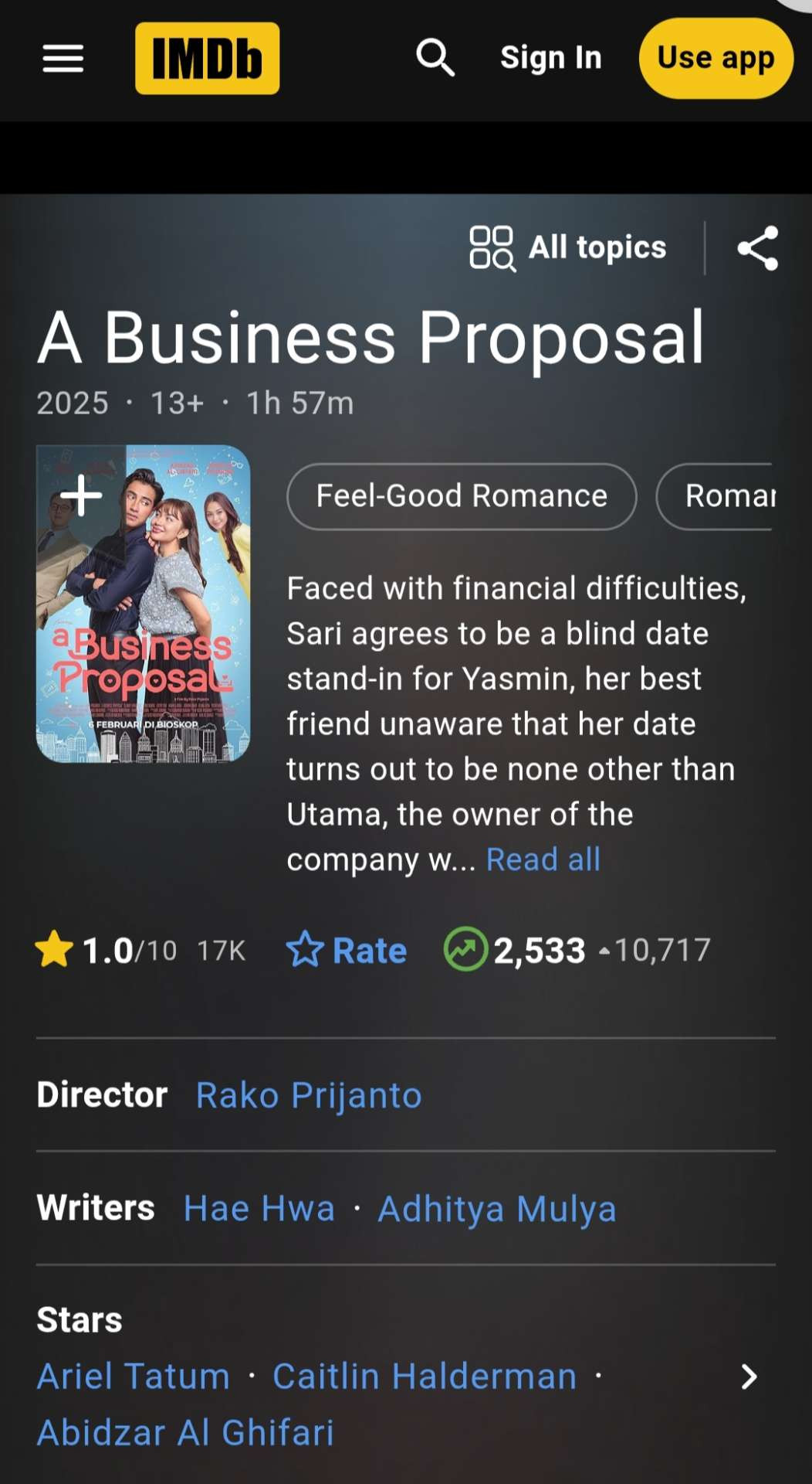 Film A Business Proposal diberi netizen rating 1. (Foto: IMDb)