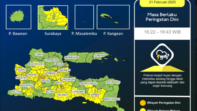 BMKG Juanda mengeluarkan peringatan dini cuaca ekstrem untuk sebagian wilayah Jawa Timur, Jumat 21 Februari 2025. (Foto: X BMKG Juanda)