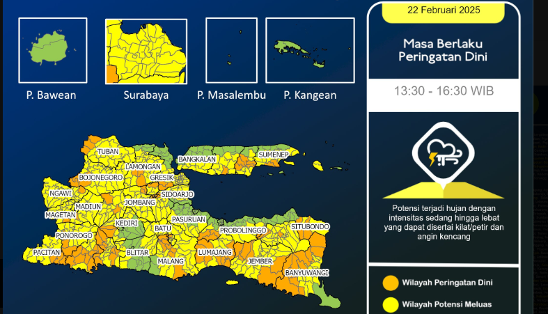 Badan Meteorologi, Klimatologi dan Geofisika (BMKG) Juanda mengeluarkan peringatan dini cuaca ekstrem untuk Jawa Timur, Sabtu 22 Februari 2025. (Foto: X BMKG Juanda)