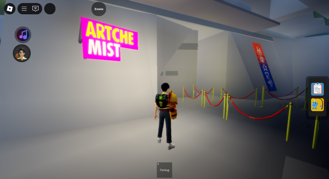 Ruang depan pameran seni virtual yang digagas oleh artchemist dalam game roblox. (Foto: Yunus Ar-Rahman/Ngopibareng.id)