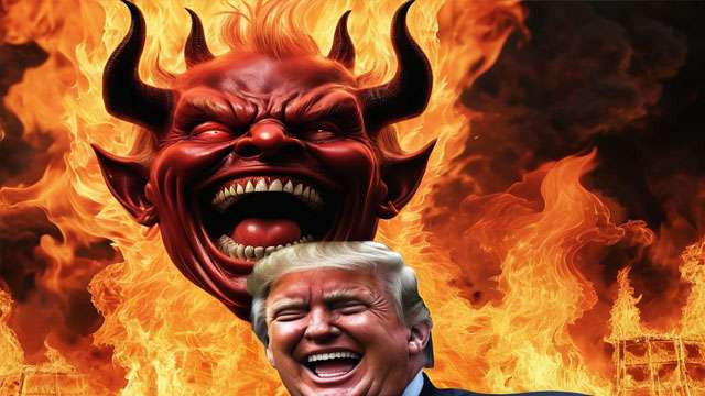 Stable Diffusion menggambarkan Donald Trump sebagai iblis yang membakar dunia. (Ngopibareng.Id)