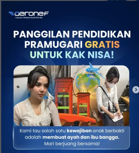 Khaerun Nisa, perempuan asal Palembang yang viral karena diduga menyamar sebagai pramugari Batik Air, kini justru ditawari untuk mengikuti sekolah pramugari gratis di Aeronef Indonesia.(Foto: Instagram aeronefacademy)