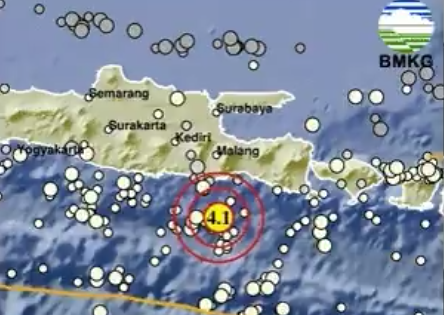 Gempa bumi magnitudo 4,1 terjadi di Kabupaten Malang bagian selatan, disusul Blitar dan Cilacap pada Sabtu 31 Januari 2026.(Sumber: bmkg)