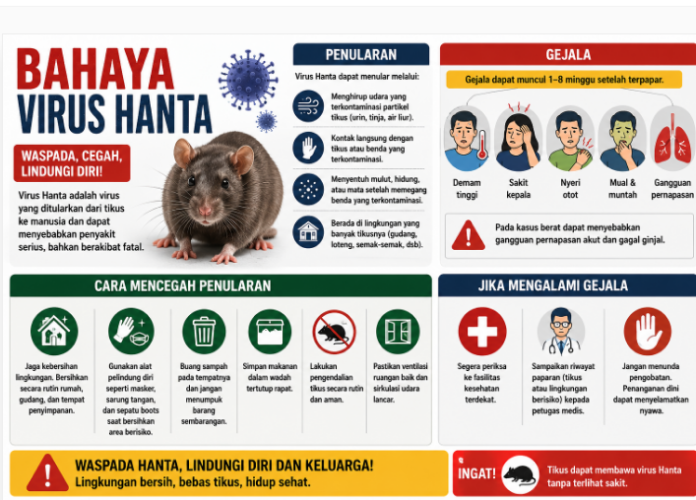 Penyebaran Virus Hanta menjadikan Kementerian Kesehatan meningkatkan kewaspadaan. Sejumlah wilayah telah melaporkan munculnya peningkatan kasus.(Grafis: by AI)