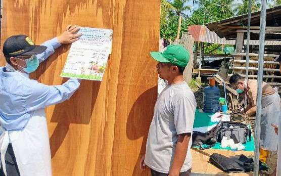 Petugas medis Disnakkan Bondowoso memasang stiker hasil pemeriksaan di lapak hewan kurban. (Foto: Disnakkan Bondowoso)