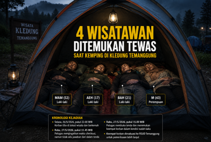 Empat wisatawan asal Ambarawa, Kabupaten Semarang, ditemukan tewas saat berkemah di kawasan wisata Kledung, Kabupaten Temanggung, Jawa Tengah, Rabu 27 Mei 2026. (Ilustrasi: by ai)