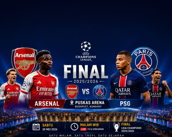 Arsenal vs PSG dalam laga final Liga Champions di Puskas Arena, Budapest, Sabtu 30 Mei 2026. (Grafis: by ai)