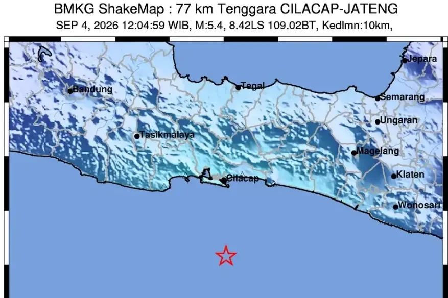 Gempa bumi tektonik berkekuatan Magnitudo 5,4 mengguncang wilayah pesisir selatan Jawa Tengah, Jumat 4 September 2026 siang.